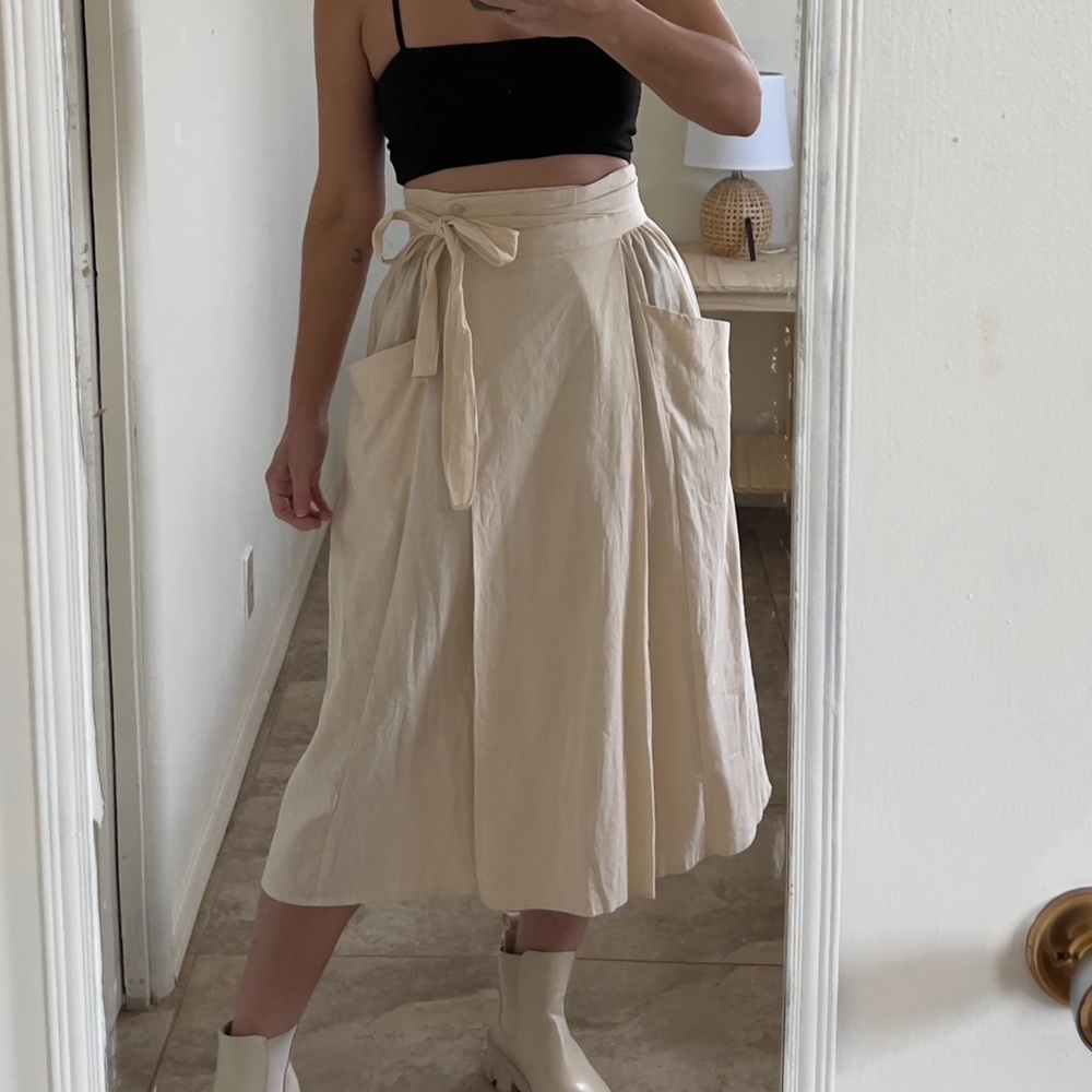 Linen Blend Tie Waist Wrap Midi Skirt w/ Apron Pockets
